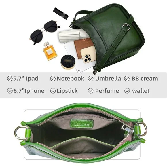 Women Green Leather Imported Zipper Purses Crossbody Shoulder Handbags - Picture 5 of 8